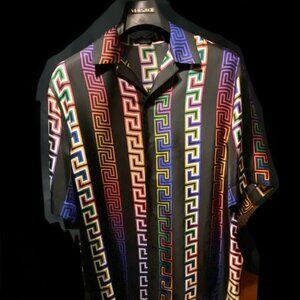 Versace Men's Black Greca Neon-print Silk Shirt